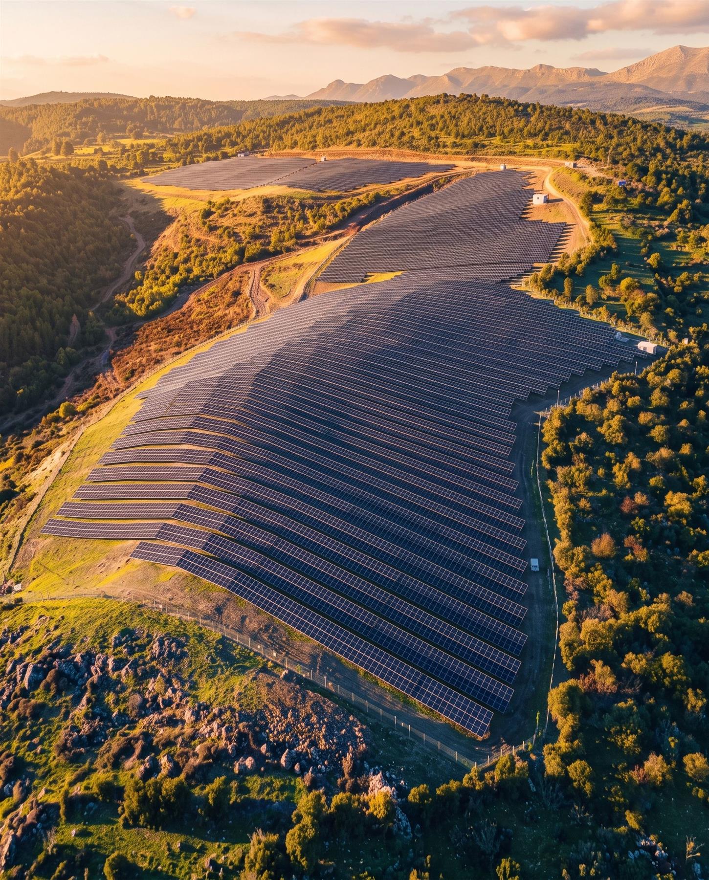 Solar arrays across a hillside in evening light